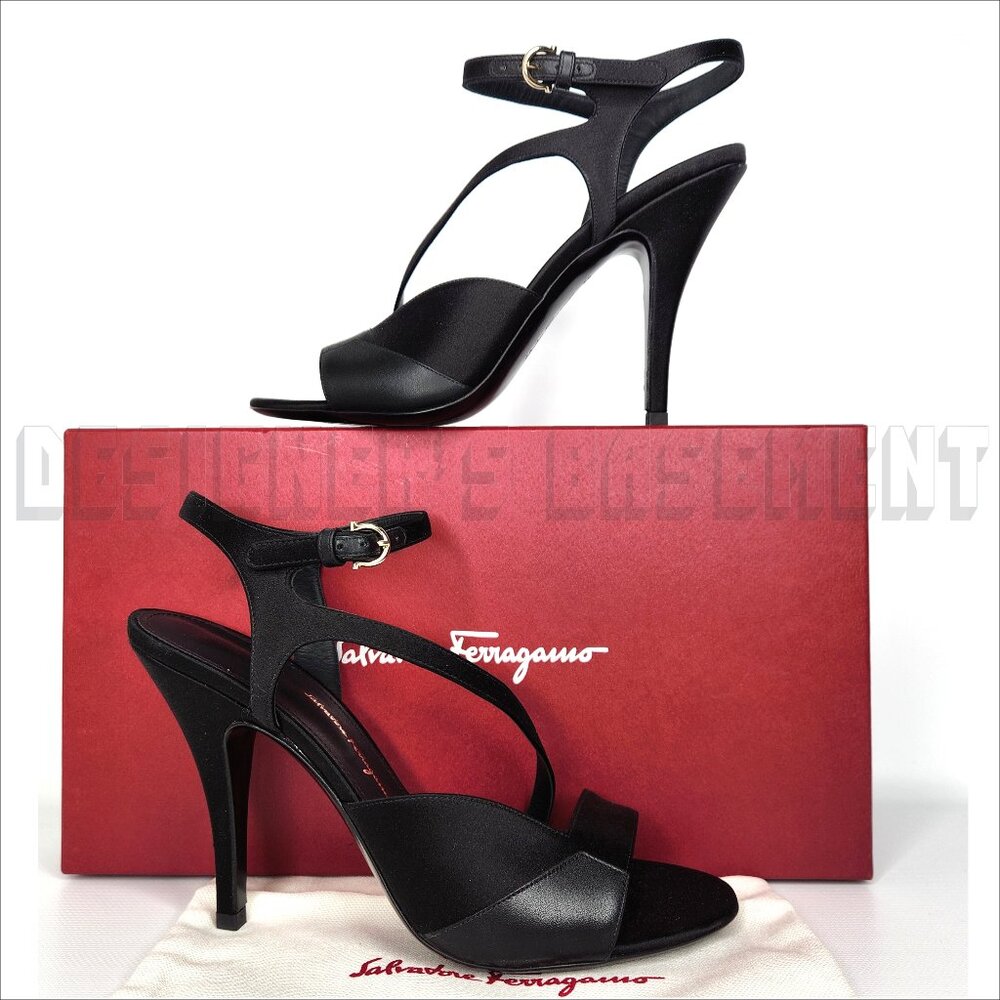 SALVATORE FERRAGAMO Black leather & satin 7.5 OLGA Slingback Heel Sandals NIB - Picture 2 of 8